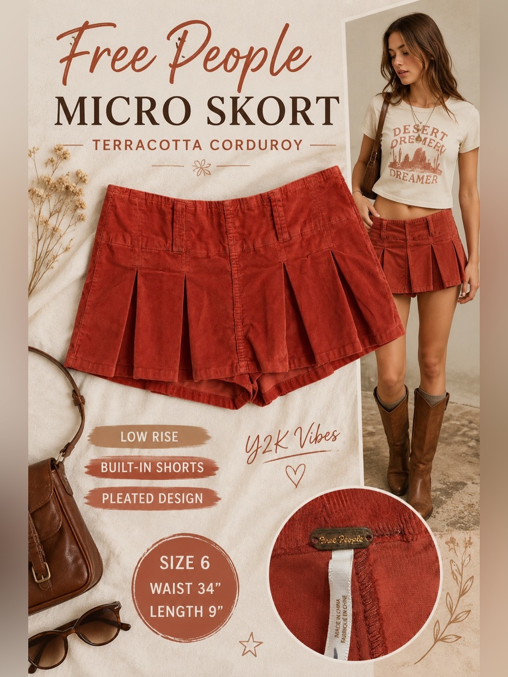 Free People Terracotta Corduroy Pleated Micro Skort Size 6 (Fits 34" waist) Y2K